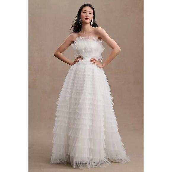 Mac Duggal Kylie Strapless Ruffle Wedding Gown White Feathers 20530 Size 12 NWT - Picture 1 of 15